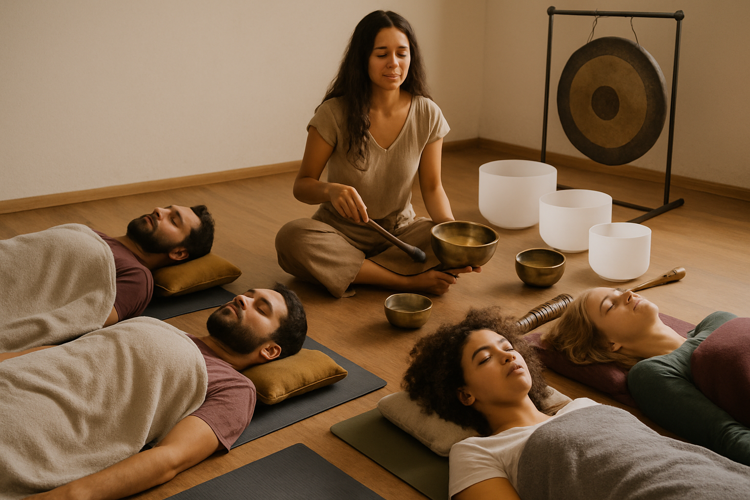 Participantes experimentando relajación profunda durante un taller de sonido