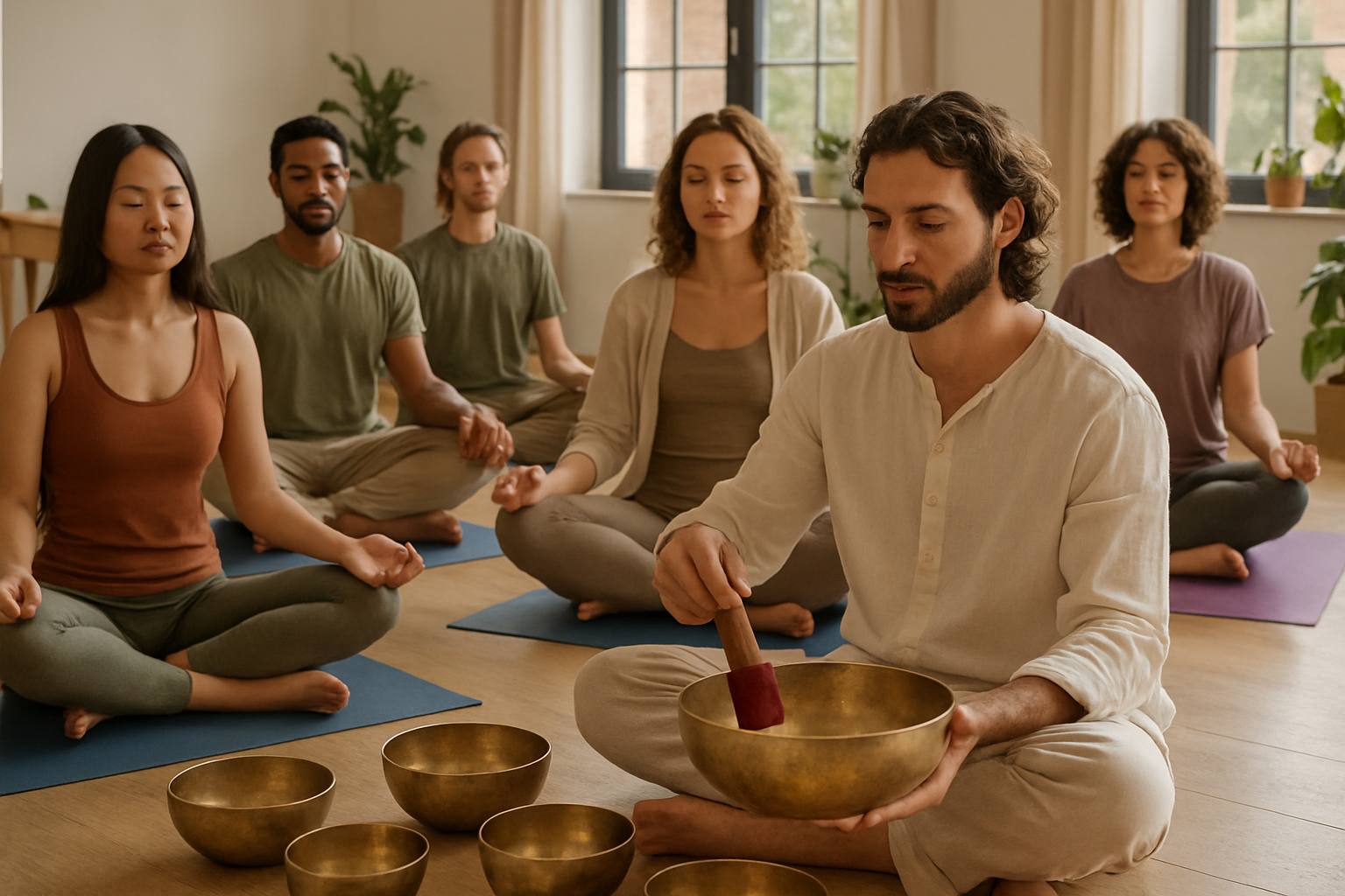 Sesión grupal de meditación sonora con cuencos tibetanos